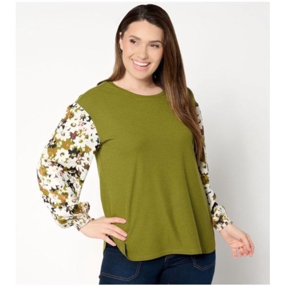 Peace Love World Top Green Sz L Boho Mixed Media Floral Long Floral Sleeves
